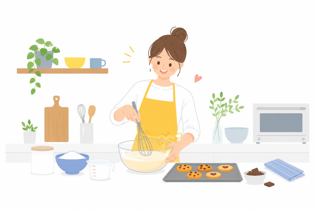 キッチンで焼き菓子づくりをする人のイラスト
